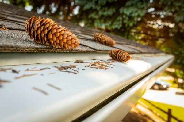Large pine cones on K-Guard gutter showing guards have prevented debris from accumulating in the gutters.