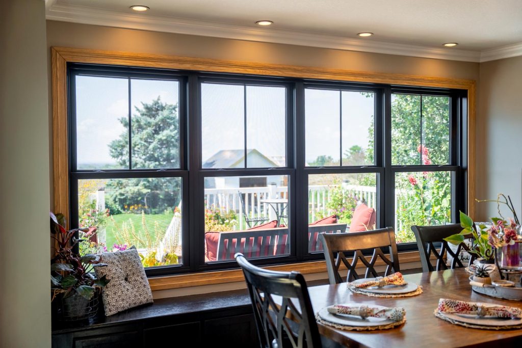 double hung interior view of black frame windows
