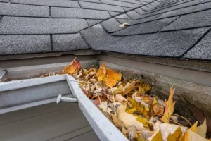 Close-up view of gutters packed with autumn leaves showing why heavily treed properties need gutter guards