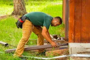 Technician installing rain gutters on the side of a wooden building.